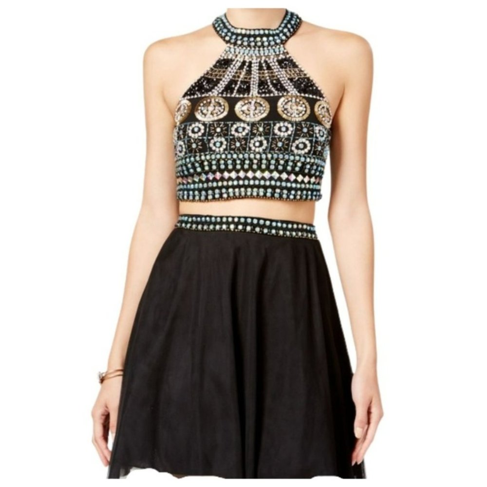 NWOT- Crystal Doll Black & Multi-Color 2-Piece Beaded Holter and Skirt Size 1